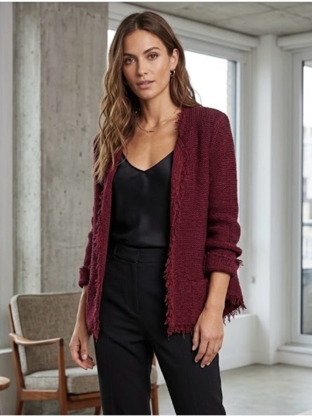 IRO Azurespe Deep Red Open-Front Frayed Knit Cardigan